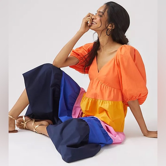 FARM Rio Multicolor Tiered Puff-Sleeve Maxi Dress — Orange, Yellow, Pink & Blue - Picture 9 of 12